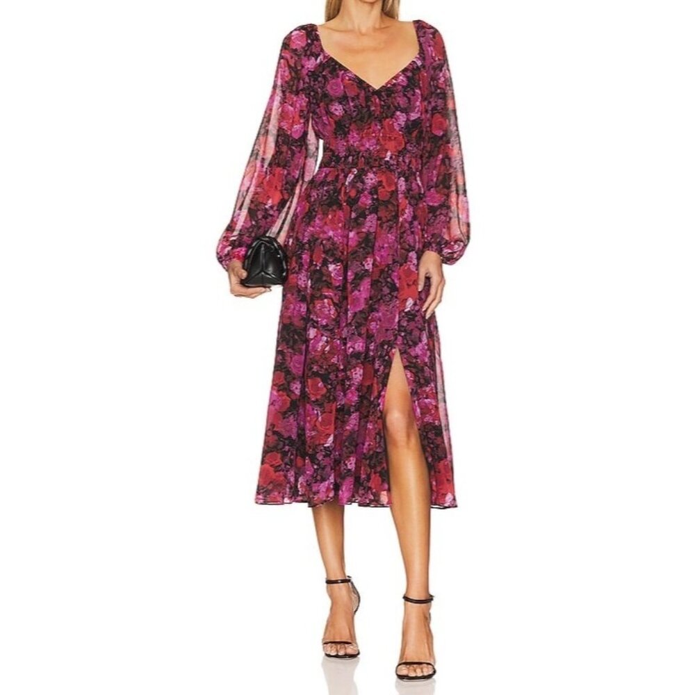 Steve Madden Womens Laine Floral Print Midi Dress Pink Black Long Sleeve size XS